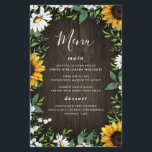 Sunflower and Daisy Rustic Wood Wedding Menu Cards<br><div class="desc">Design features a brown barn wood background decorated with watercolor daisies,  sunflowers,  greenery,  eucalyptus,  baby's breath,  and lily of the valley.
You can use the template as is or add more meals,  desserts and more. This template is fully customizable.</div>