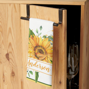 Sunflower and dragonfly splatter fall personalized kitchen towel