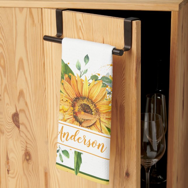 Sunflower and dragonfly splatter fall personalized kitchen towel (Thirds Fold)