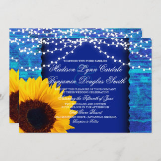 Sunflower and Fairy Lights Blue Wedding Invites