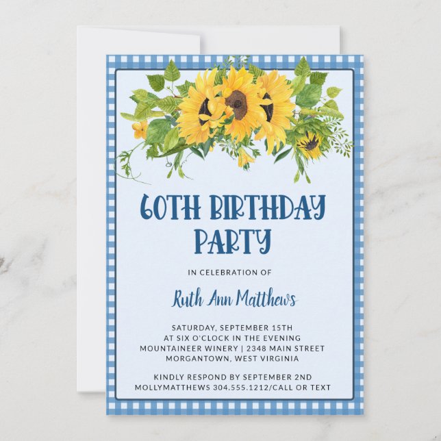 Sunflower and Gingham Photo 60th Birthday Party  Invitation (Front)