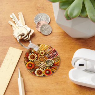 Sunflower and Honeycomb Design Keychain