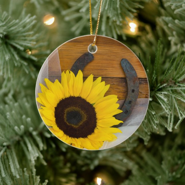 Sunflower and Horseshoe Country Western Wedding Ceramic Ornament (Tree)