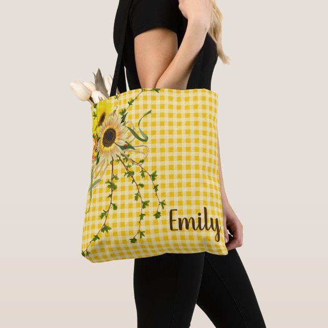 sunflower and ivy bouquet on yellow gingham tote bag (Close Up)