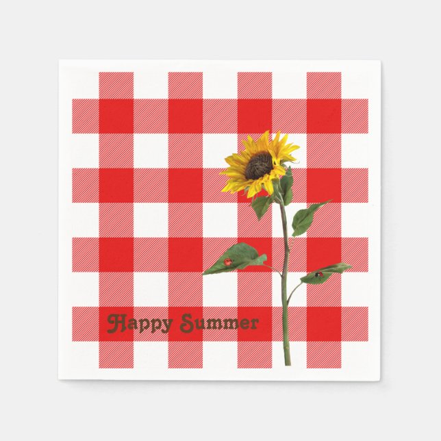 sunflower and lady bug on buffalo plaid napkin (Front)