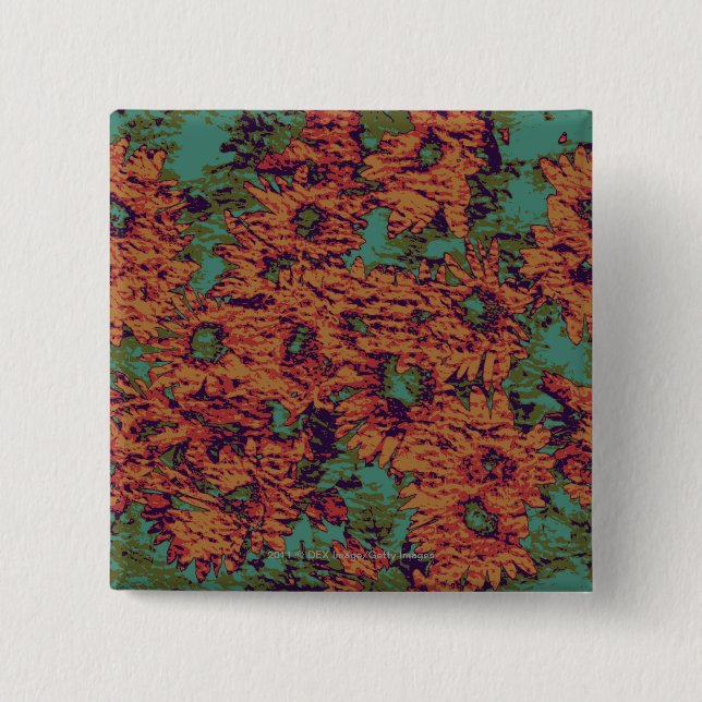 Sunflower and leaf camouflage pattern on 2 inch square button (Front)