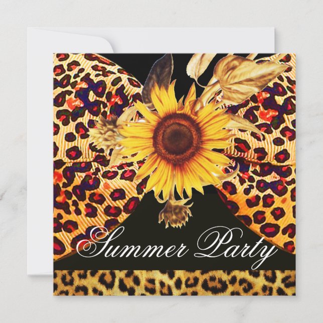 SUNFLOWER AND LEOPARD FUR BOW SUMMER GARDEN  PARTY INVITATION (Front)