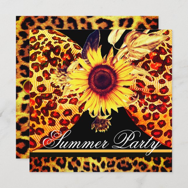 SUNFLOWER AND LEOPARD FUR BOW SUMMER GARDEN  PARTY INVITATION (Front/Back)
