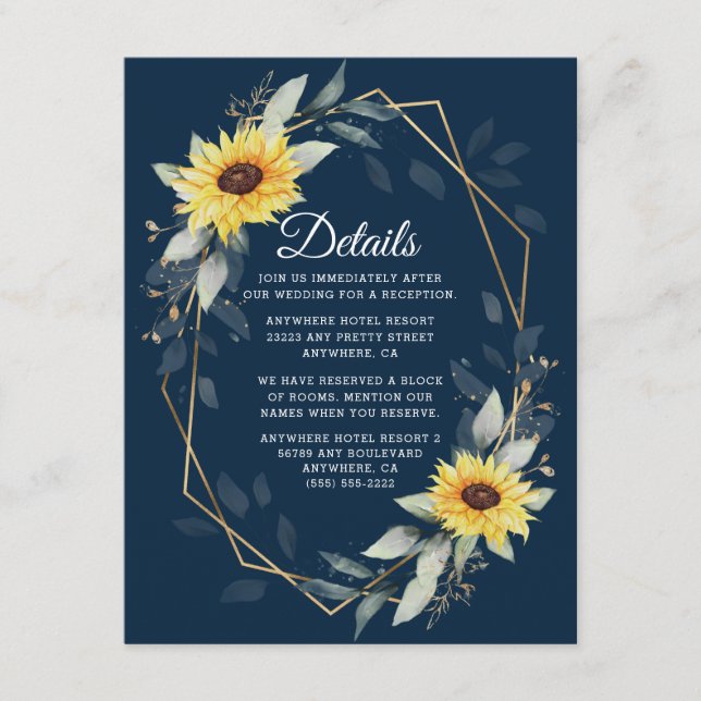 Sunflower and Navy Blue Geometric Rustic Wedding Enclosure Card (Front)