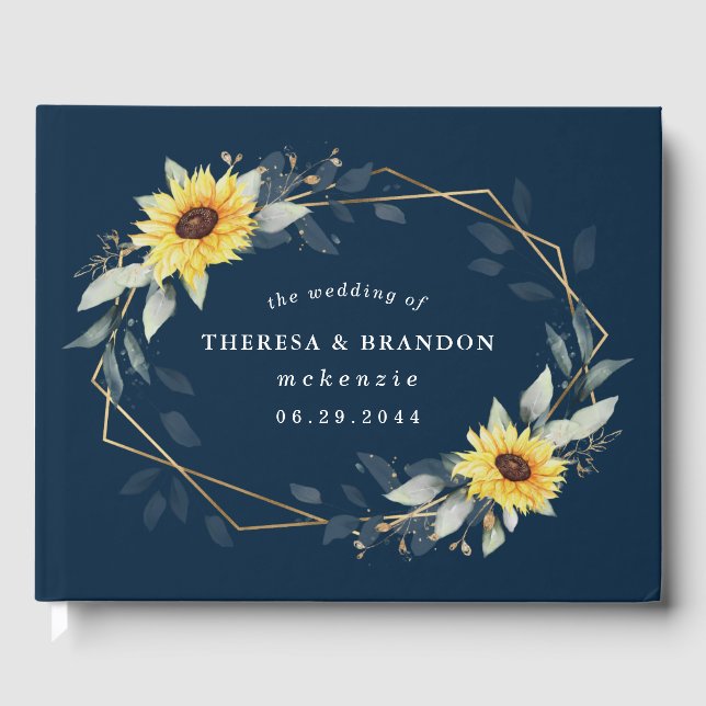 Sunflower and Navy Blue Geometric Rustic Wedding Guest Book (Front)