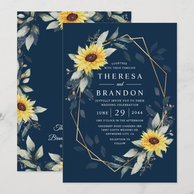 Sunflower and Navy Blue Geometric Rustic Wedding Invitation (Front/Back)