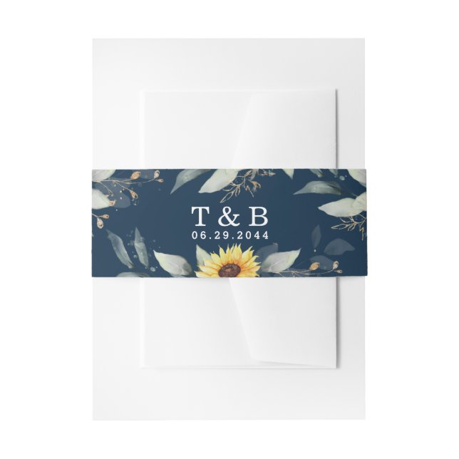 Sunflower and Navy Blue Geometric Rustic Wedding Invitation Belly Band (Front Example)