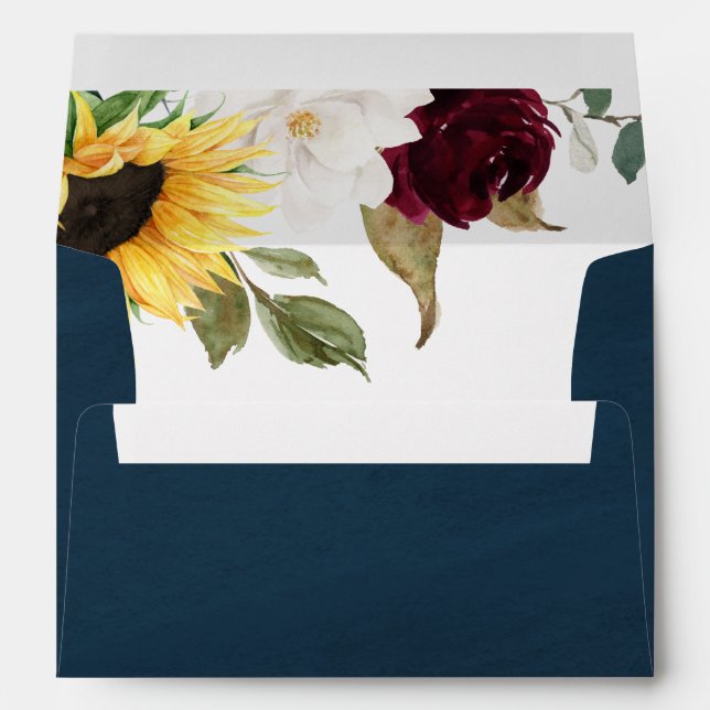 Sunflower and Navy Blue Magnolia Burgundy Wedding Envelope (Back (Bottom))