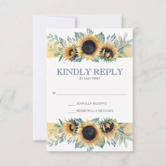 Sunflower and Navy Blue Sunflower Wedding RSVP Card (Front)