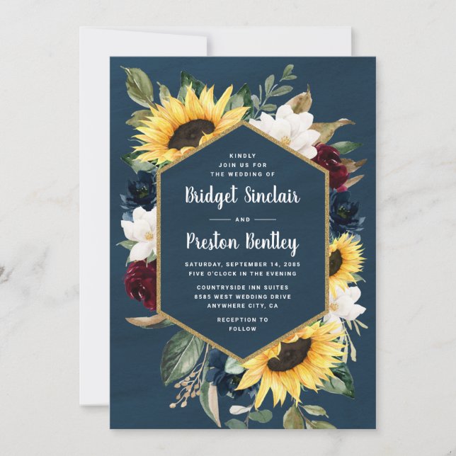 Sunflower and Navy Blue Watercolor Rustic Wedding Invitation (Front)