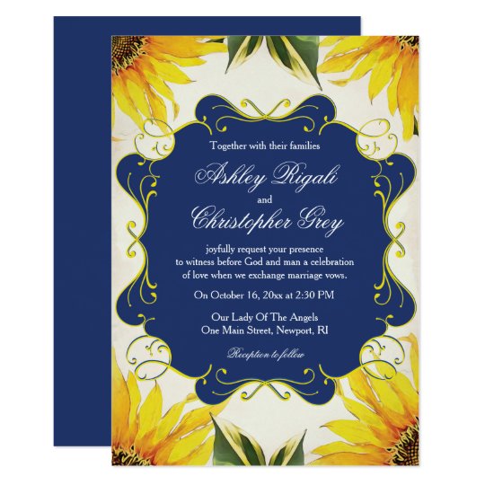 Sunflower and Navy Blue Wedding Invitation