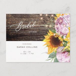 Sunflower and Pink Peony Rustic Bridal Shower  Invitation Postcard