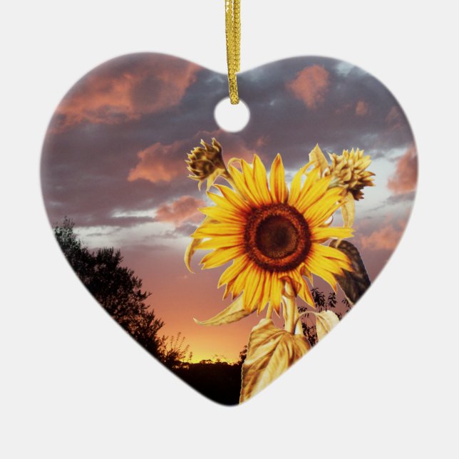 SUNFLOWER AND PINK SUMMER SUNSET Heart Ceramic Ornament (Front)