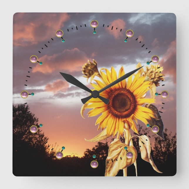 SUNFLOWER AND PINK SUMMER SUNSET WITH PINK CLOUDS SQUARE WALL CLOCK (Front)
