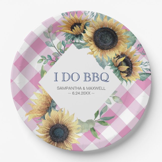 Sunflower and Pink Tartan I Do BBQ Paper Plate (Front)