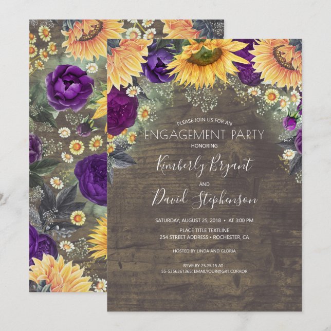 Sunflower and Purple Rose Rustic Engagement Party Invitation (Front/Back)