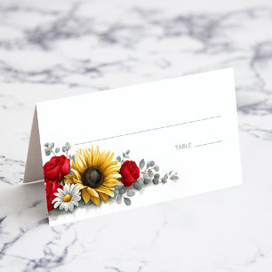 Sunflower and Red Rose Floral Wedding Place Card