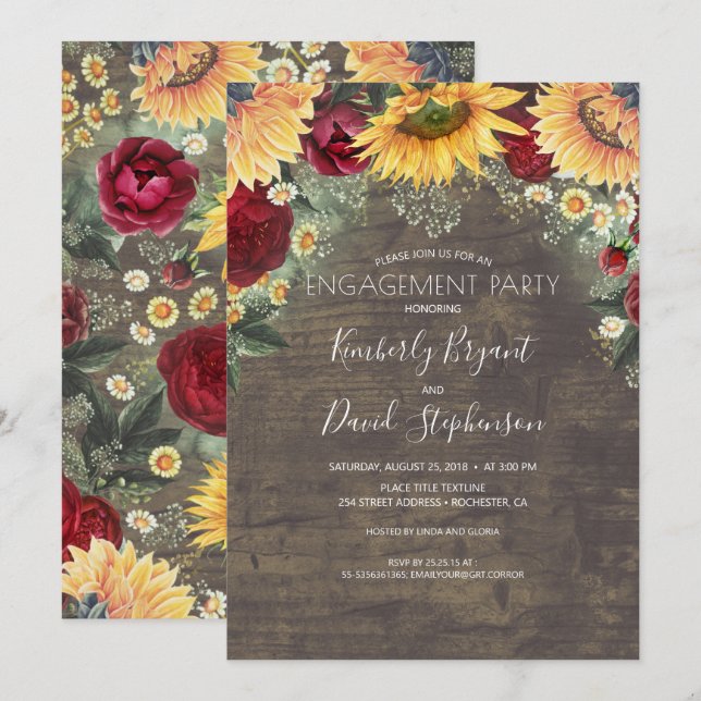 Sunflower and Red Rose Rustic Engagement Party Invitation (Front/Back)