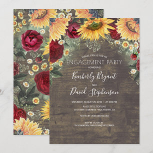 Sunflower and Red Rose Rustic Engagement Party Invitation