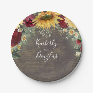 Sunflower and Red Rose Rustic Fall Wedding Paper Plate