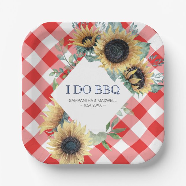 Sunflower and Red Tartan I Do BBQ Paper Plate (Front)