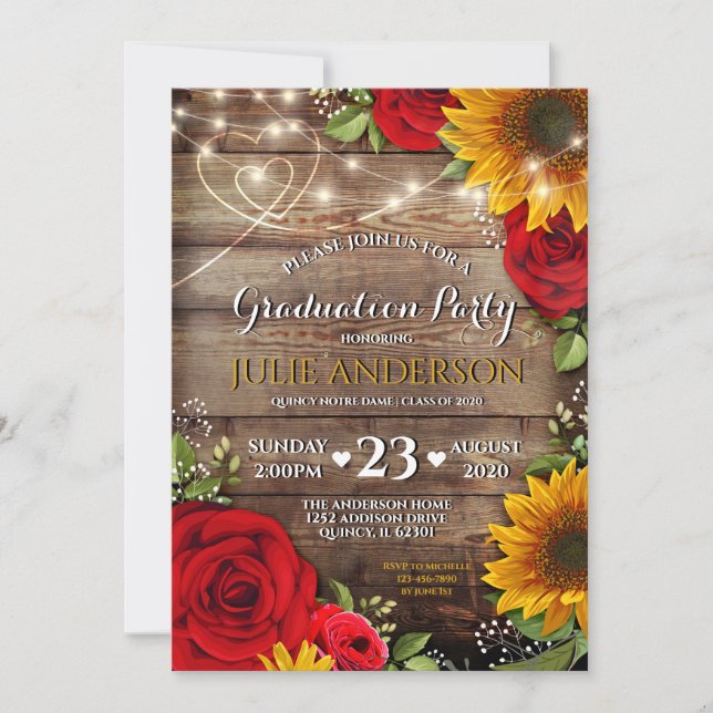 Sunflower and Rose Rustic Graduation Party Invitation (Front)