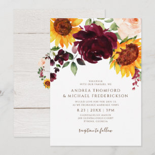 Sunflower and Roses Burgundy Red Fall Wedding Invitation