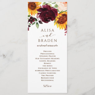 Sunflower and Roses Burgundy Red Fall Wedding Program