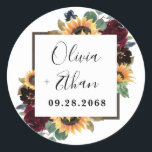 Sunflower and Roses Burgundy Red Navy Blue Wedding Classic Round Sticker<br><div class="desc">Design features elegant watercolor roses,  peonies,  wildflowers and sunflowers in various shades of burgundy red,  navy blue and more over a wreath of eucalyptus greenery. Design also features a thin barn wood frame underneath the wreath.</div>