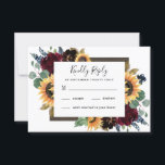 Sunflower and Roses Burgundy Red Navy Blue Wedding RSVP Card<br><div class="desc">Design features elegant watercolor roses, peonies, wildflowers and sunflowers in various shades of burgundy red, navy blue and more over a wreath of eucalyptus greenery. Design also features a barn wood frame underneath the wreath. A unique font layout compliments the overall design. You can change the background colour on the...</div>