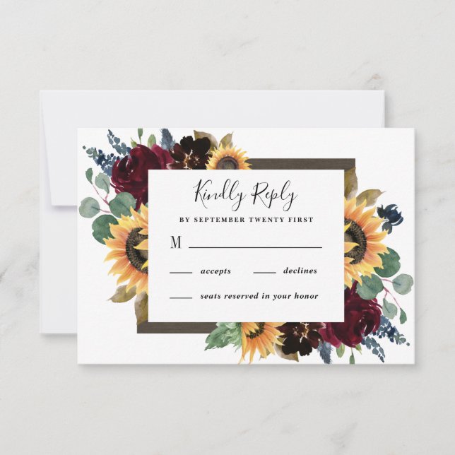 Sunflower and Roses Burgundy Red Navy Blue Wedding RSVP Card (Front)