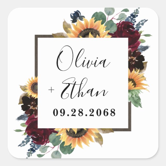 Sunflower and Roses Burgundy Red Navy Blue Wedding Square Sticker (Front)