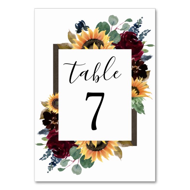Sunflower and Roses Burgundy Red Navy Blue Wedding Table Number (Front)