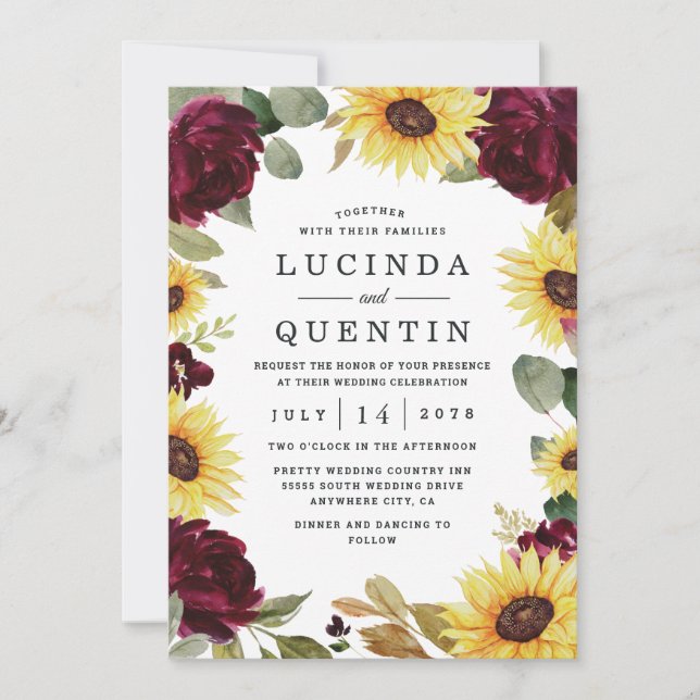 Sunflower and Roses Burgundy Red Rustic Wedding Invitation (Front)