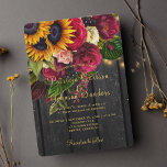 Sunflower and roses burgundy rustic fall wedding invitation<br><div class="desc">Elegant chic rustic summer or autumn fall wedding stylish invitation template on dark brown barn wood featuring a beautiful yellow gold sunflower and red burgundy roses bouquet, strings of twinkle lights and faux gold typography script. Easy to personalize with your details! The invitation is suitable for elegant summer or autumn...</div>