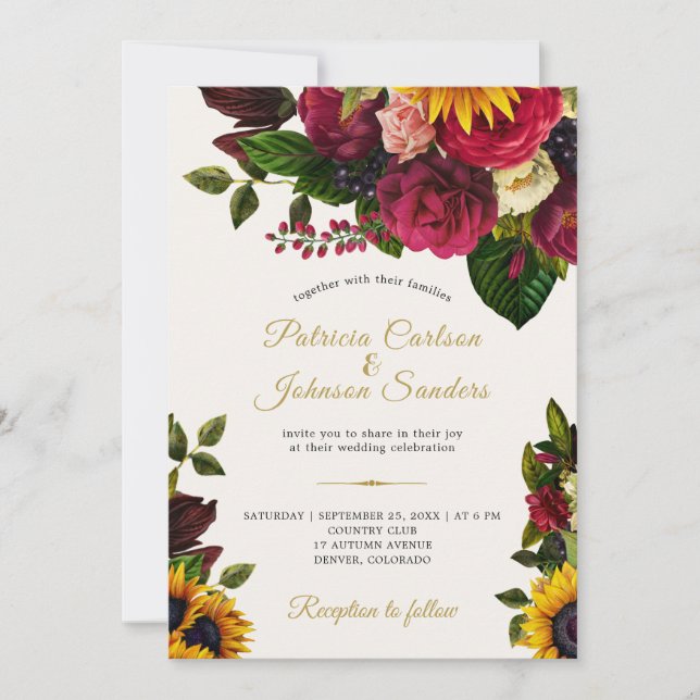 Sunflower and roses rustic fall monogram wedding invitation (Front)