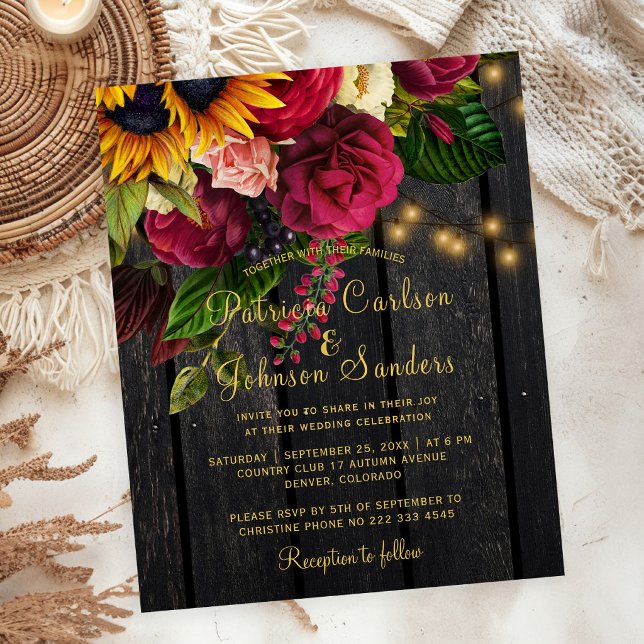 Sunflower and roses rustic fall wedding invitation (Creator Uploaded)