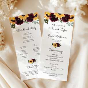 Sunflower and Roses Rustic Greenery Wedding Program