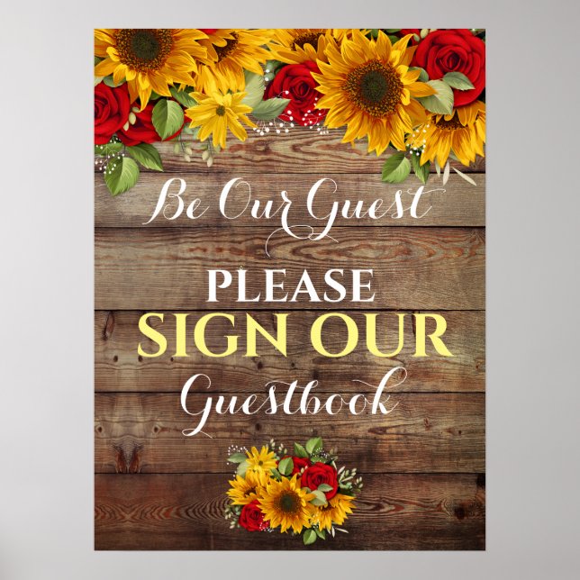 Sunflower and Roses Rustic Wedding Guestbook Sign (Front)