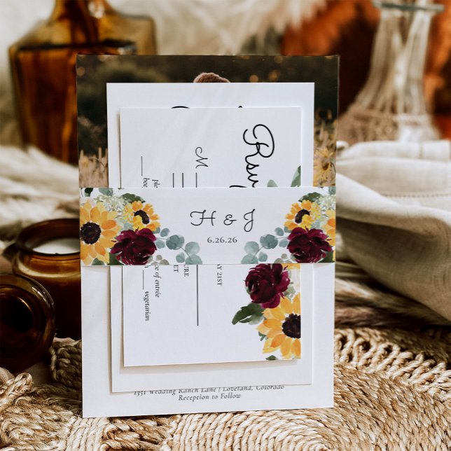 Sunflower and Roses Rustic Wedding Invitation Belly Band (Creator Uploaded)