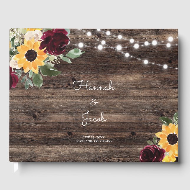 Sunflower and Roses Rustic Wood Wedding Guest Book (Front)