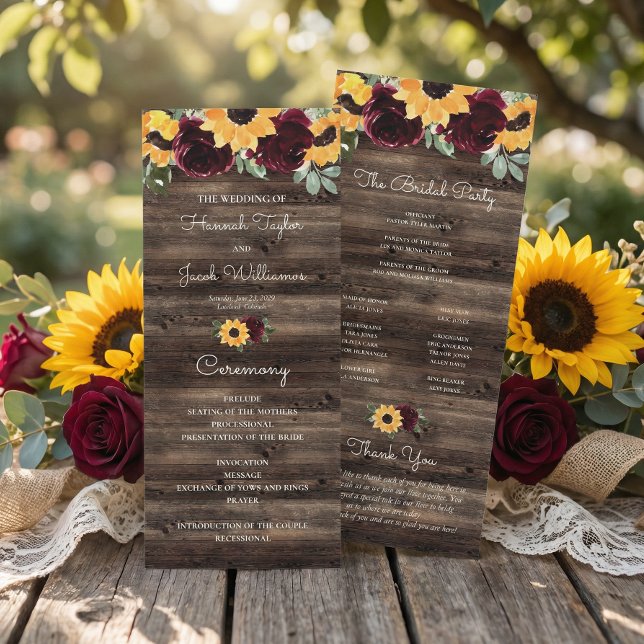 Sunflower and Roses Rustic Wood Wedding Program (Creator Uploaded)