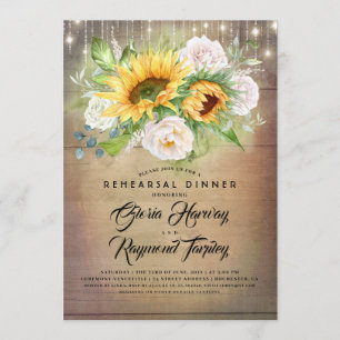 Sunflower and White Rose Rustic Rehearsal Dinner Invitation