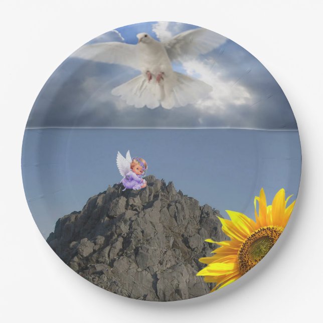 Sunflower Angel White Dove Paper Plates (Front)