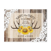 Sunflower Antlers Wood Lace Rustic Save the Date